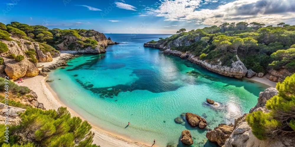 Obraz premium Cala Mondragó Beach Minimalist: Serene Turquoise Waters & Sandy Shores