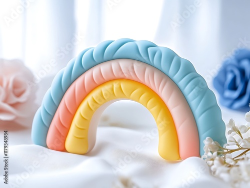 Soft silicone teething toy shaped like a rainbow with textured patterns photo