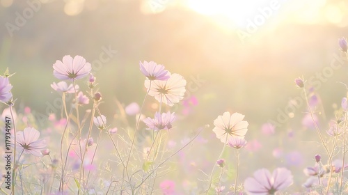 A field of flowers with a bright sun in the background