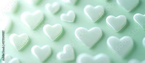 Pastel green background with many soft, white, 3D hearts.