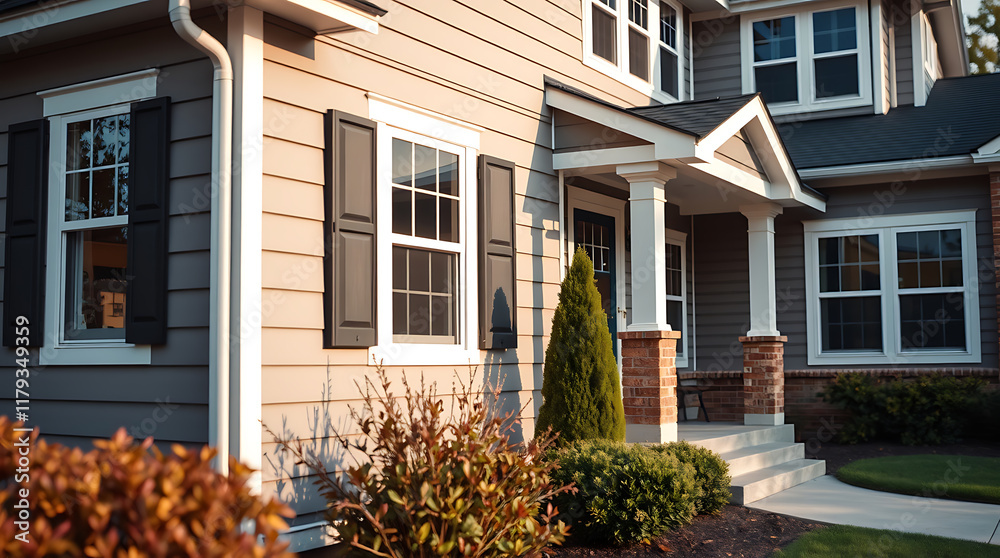 Exterior View of Two-Story House with Beige Siding and Dark Shutters Exterior View of Two-Story House with Beige Siding and Dark Shutters