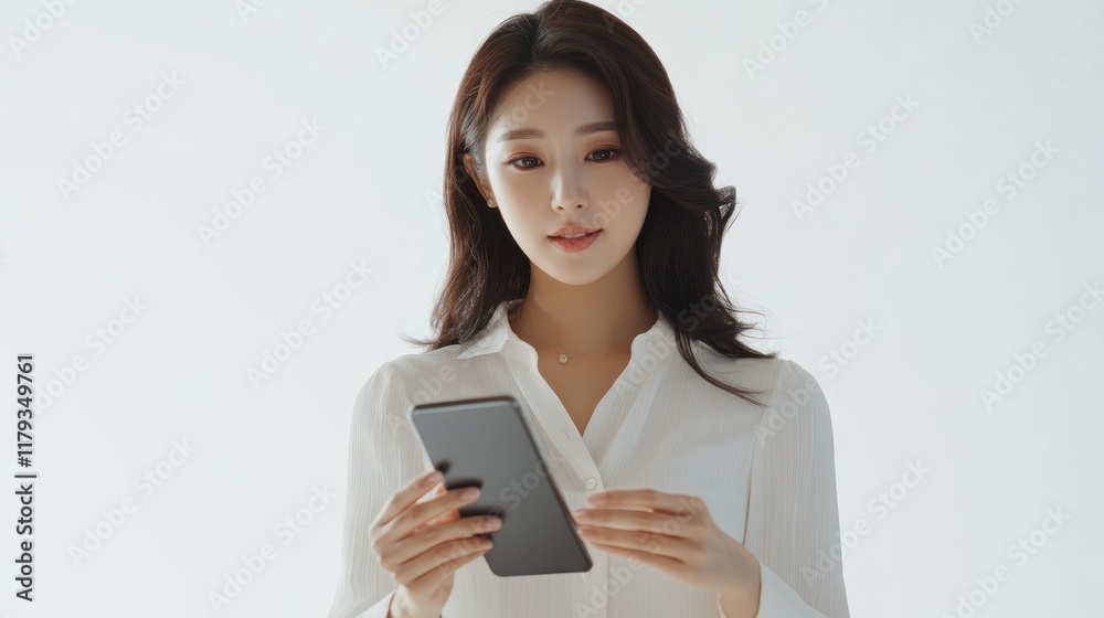 Young Asian woman in white shirt using smartphone. Young Asian woman in white shirt using smartphone.