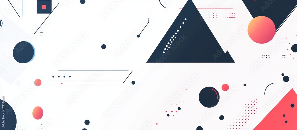 Abstract geometric background with scattered shapes and dots in red, orange, and blue on white. Abstract geometric background with scattered shapes and dots in red, orange, and blue on white.