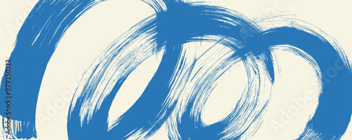 Grainy blue spiral brush stroke with spray texture. Hand drawn distress damaged edge vintage banner with spiral bold line.