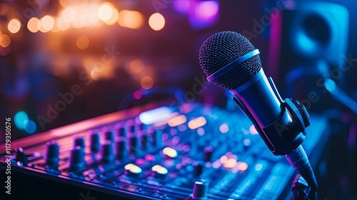 Stage Microphone and Mixing Console: Vibrant Nighttime Performance