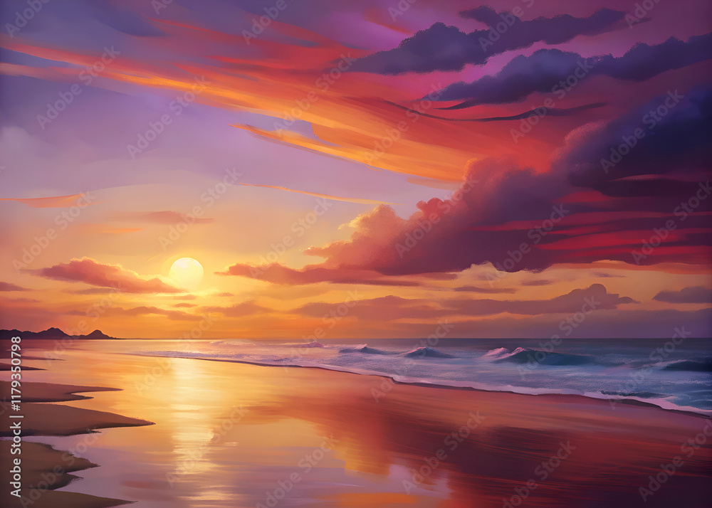 Golden Sunset Reflecting on a Tranquil Beach. Golden Sunset Reflecting on a Tranquil Beach.