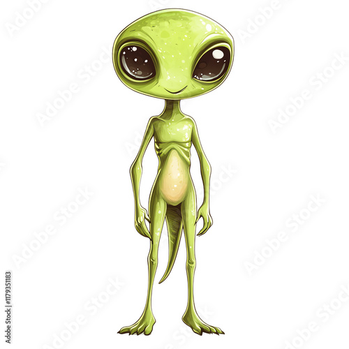 A cute cartoon alien character with big eyes and a green body, perfect for children's books and sci-fi themed projects.,Transparent background photo