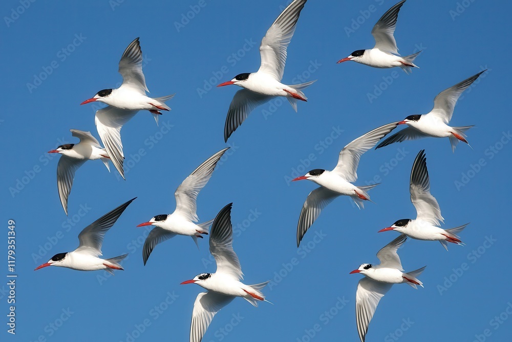 Obraz premium A flock of arctic terns soaring through the midnight sun over the North Pole.