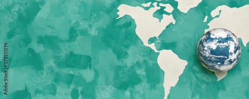 Global Earth Globe on Teal Artistic World Map Background photo