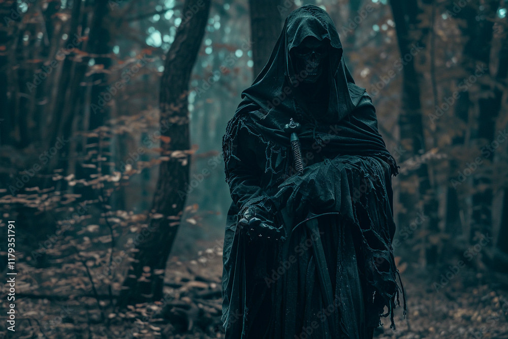 Scary grim reaper with sharp scythe in hell with dark dramatic color, abstract vivid composition consists of fictional unreal fantastic vision on background Scary grim reaper with sharp scythe in hell with dark dramatic color, abstract vivid composition consists of fictional unreal fantastic vision on background
