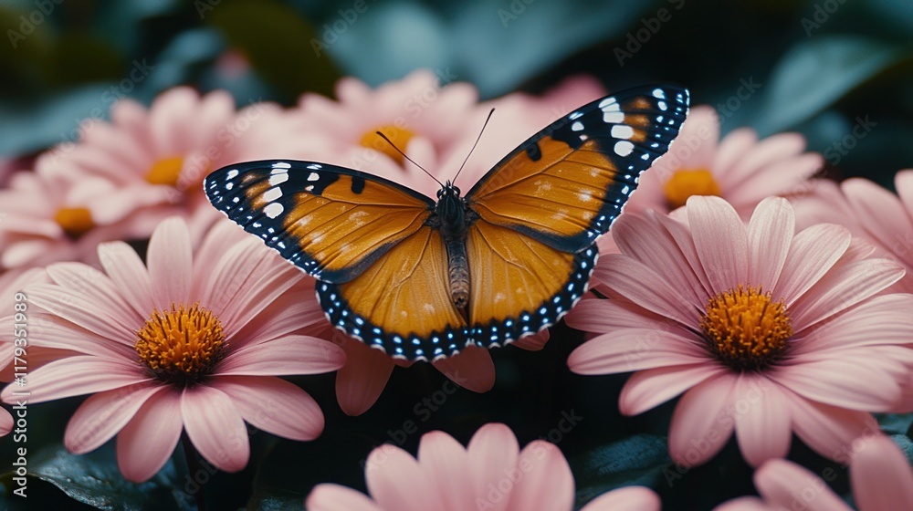 Naklejka premium Orange butterfly on pink daisies.