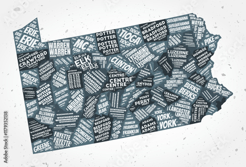 Pennsylvania counties word clouds. State shape on textured background. Pennsylvania design in typographic style. Artistic vector illustration.