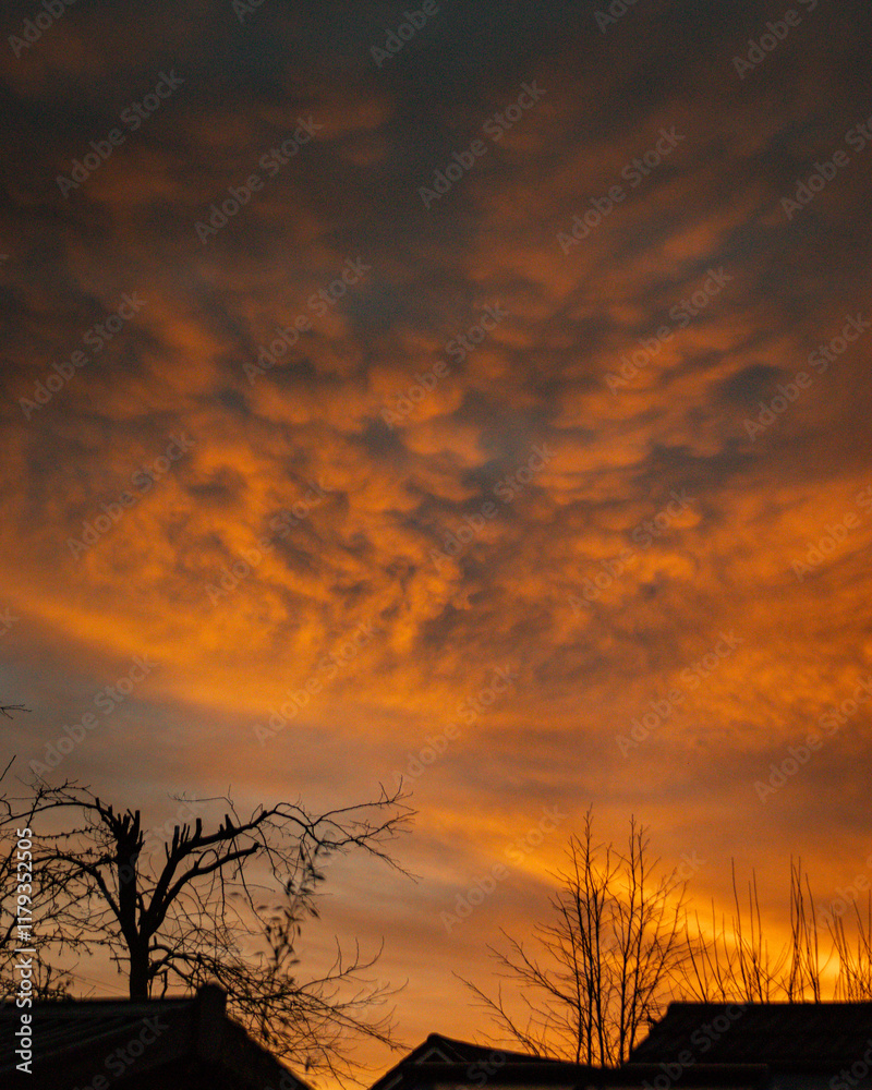 Fototapeta premium heavy clouds lit from below by the setting sun