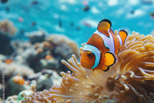 Fantastically beautiful bright clownfish swims in deep sea among color corals, abstract vivid composition consists of fictional unreal fantastic vision on background