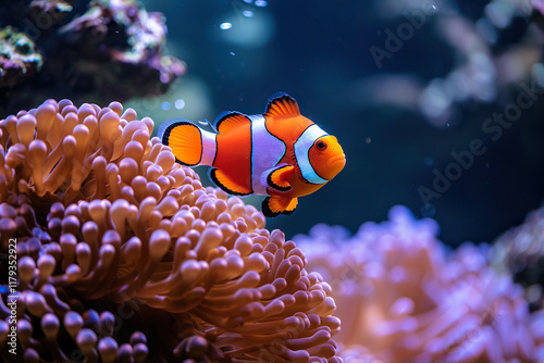 Fantastically beautiful bright clownfish swims in deep sea among color corals, abstract vivid composition consists of fictional unreal fantastic vision on background