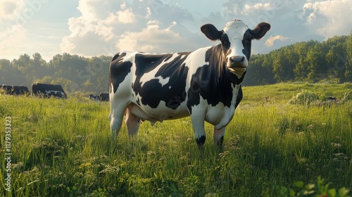 A cow s unique black-and-white patches, no two animals alike, in a peaceful pasture photo