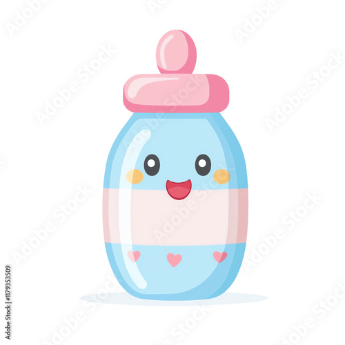 Cute cartoon baby bottle with a smiling face, perfect for children's illustrations and baby product designs.,Transparent background photo