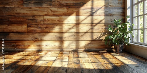 A minimalist Muji-style room with wooden wall panels and a tranquil, uncomplicated ambiance, exuding peace and simplicity photo