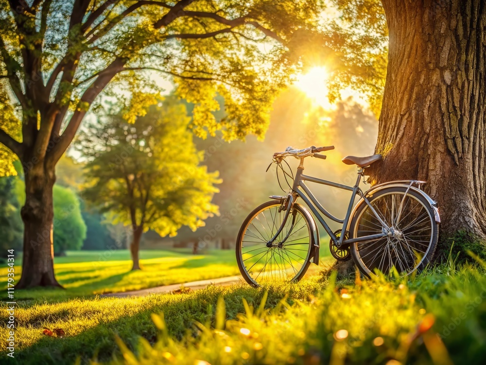 Naklejka premium Candid Shot: Sports Bicycle in Lush Park Setting - High-Resolution Stock Photo