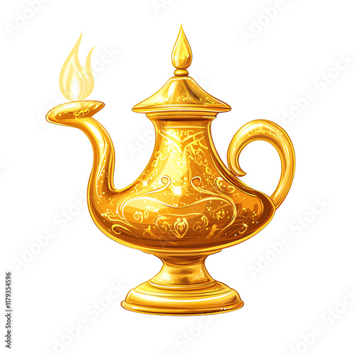 A beautiful golden oil lamp with intricate designs and a flickering flame, perfect for magical or vintage themes.,Transparent background photo