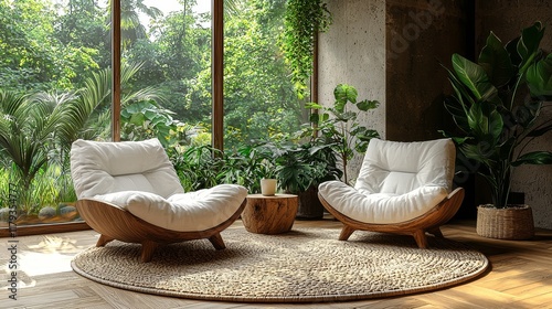 Mockup depicture of a White Living Space, including a Dresser and Armchairs situated by the Window photo