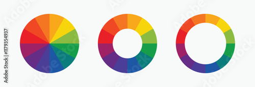 set Twelve part RGB color wheel featuring red, blue, yellow, green, orange, and purple, presented as a vector design on a white background.