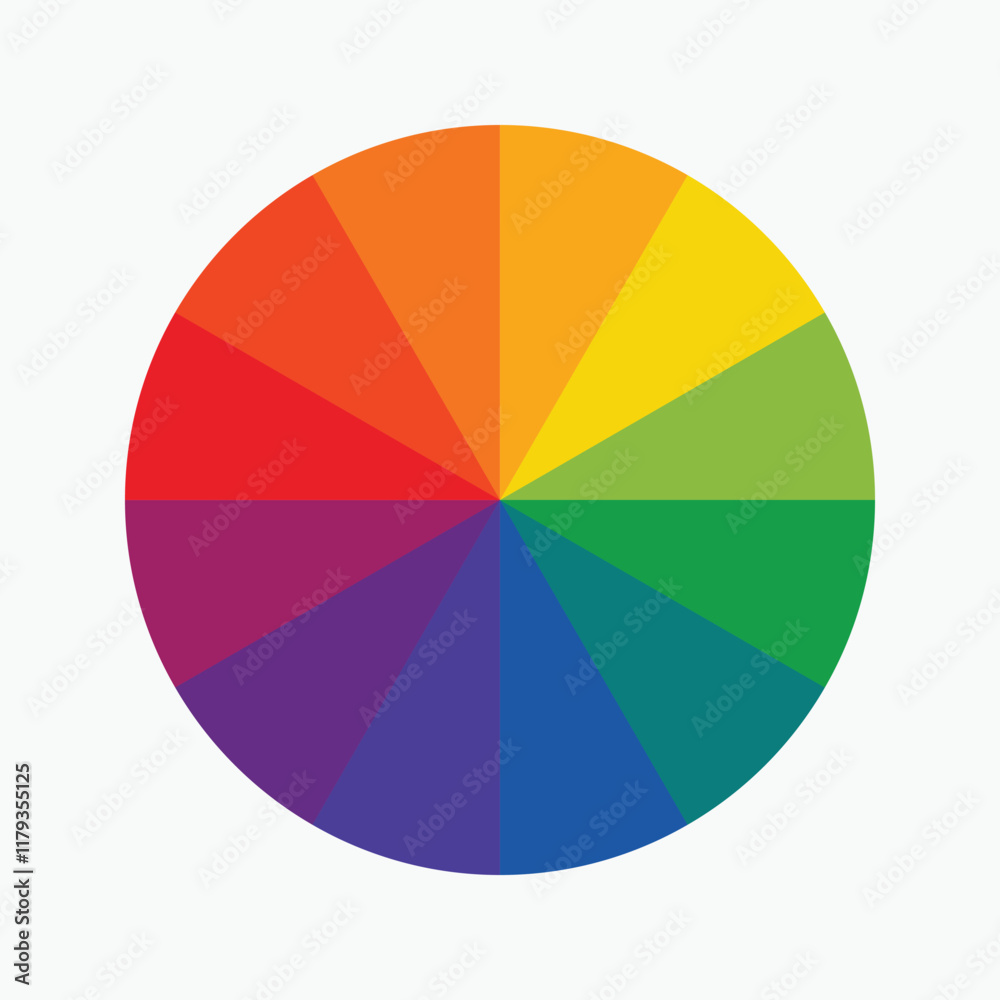 Twelve part RGB color wheel featuring red, blue, yellow, green, orange, and purple, presented as a vector design on a white background. Twelve part RGB color wheel featuring red, blue, yellow, green, orange, and purple, presented as a vector design on a white background.