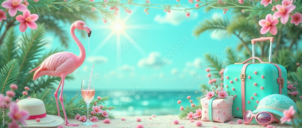 Obraz premium Exotic tropical summer background. Summer beach party concept. Pink flamingo, tropical leaves, orchid flower, suitcase, sunglasses,palm branches on blue background