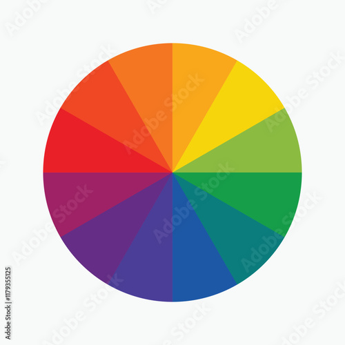 Twelve part RGB color wheel featuring red, blue, yellow, green, orange, and purple, presented as a vector design on a white background.
