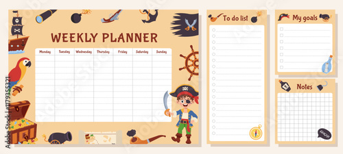 Pirate set of weekly planner, to do list, goals and notes. Set with pirate elements.
