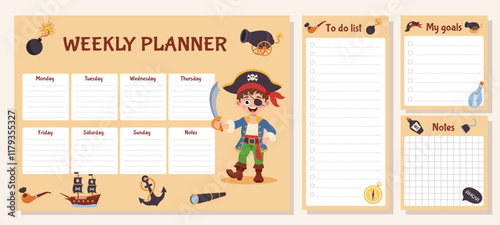 Pirate set of weekly planner, to do list, goals and notes. Set with pirate elements. photo