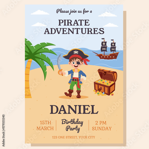 Pirate invitation. Birthday party invitation with pirate elements. Greeting card, postcard, poster.