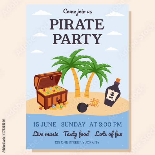 Pirate party invitation. Party invitation with pirate elements. Greeting card, postcard, poster.
