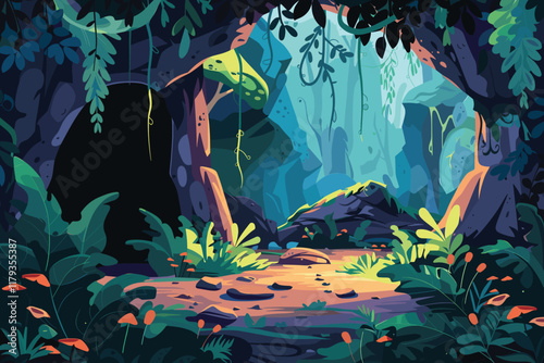 Fairy tale Forest cave Flat style cartoon vector illustration isolated on a white background