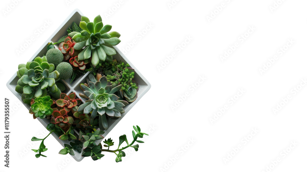 A variety of colorful succulents arranged in a decorative planter on a minimalist surface during natural light on transparent background A variety of colorful succulents arranged in a decorative planter on a minimalist surface during natural light on transparent background
