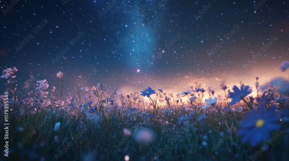 A field of wildflowers blooms under a starry night sky with the Milky Way visible. A field of wildflowers blooms under a starry night sky with the Milky Way visible.