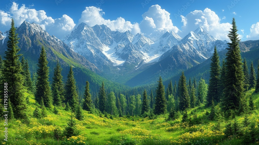 Fototapeta premium A serene mountain landscape with lush greenery, towering peaks, and a clear blue sky.
