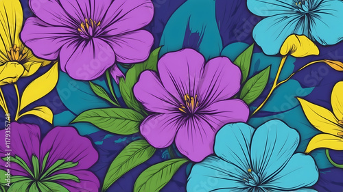 Flower and plants background, minimalist patterns use for graphic design or wallpaper. using colors purple, blue, pink