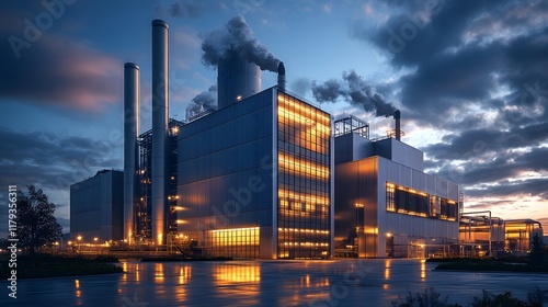 Modern industrial facility showcases clean energy architecture with white buildings, stainless steel chimneys, and dramatic dusk lighting. Landscaped surroundings complement glowing lights.