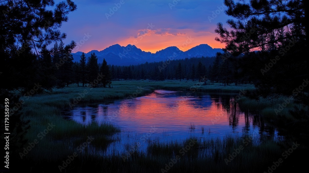 Serene twilight landscape with mountains reflecting in a tranquil river. Serene twilight landscape with mountains reflecting in a tranquil river.