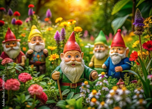 Charming Garden Gnomes Posing Amongst Lush Flowers and Plants