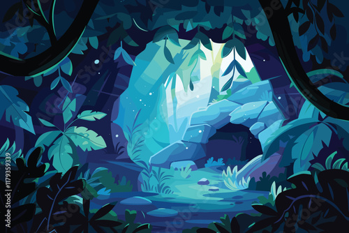 Fairy tale Forest cave Flat style cartoon vector illustration isolated on a white background