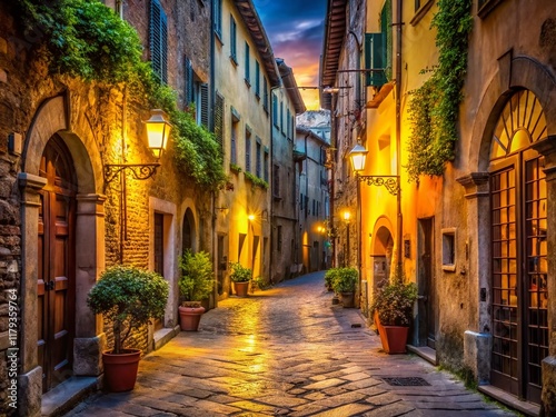 Charming Old Street in Lucca, Italy at Night - Cozy Italian Town Twilight Scene