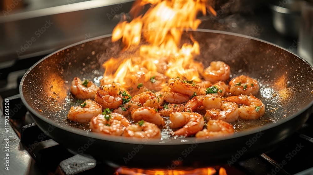 Shrimp being sautéed in a pan, creating flames and a delicious aroma. Shrimp being sautéed in a pan, creating flames and a delicious aroma.