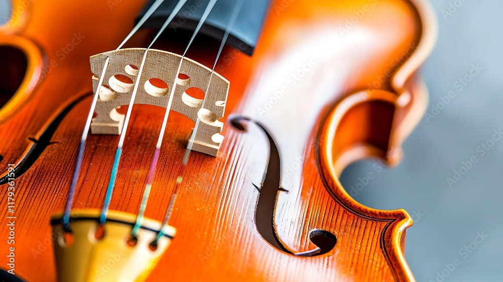 A violin with a wooden bridge and strings A violin with a wooden bridge and strings