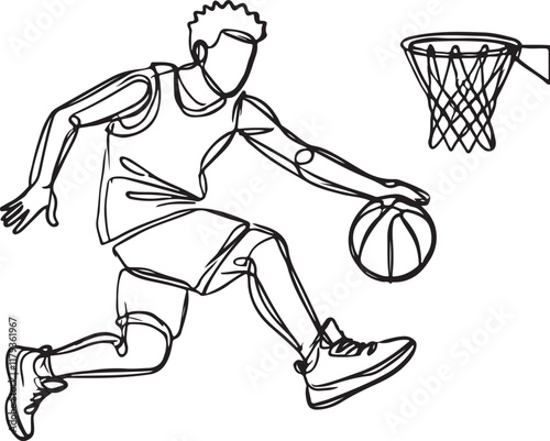 Vector Art of Man Playing Basketball. Energetic Sports Line Drawing