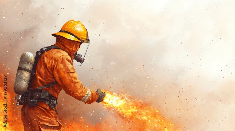 Firefighter in Action Extinguishing Flames with Fire Hose amid Intense Smoke and Fire Background Firefighter in Action Extinguishing Flames with Fire Hose amid Intense Smoke and Fire Background
