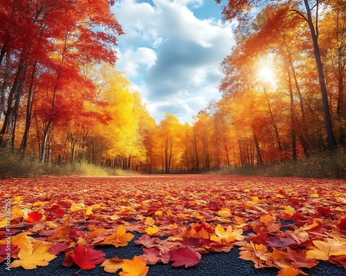 Sunlit autumn road through vibrant foliage.