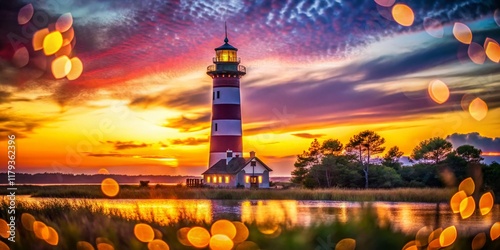 Chincoteague Island Lighthouse at Sunset, Bokeh Lights, Coastal Scene