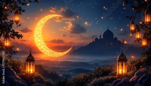 Magical Ramadan Night: Crescent Moon, Mosque, and Glowing Lanterns - Stock Image photo